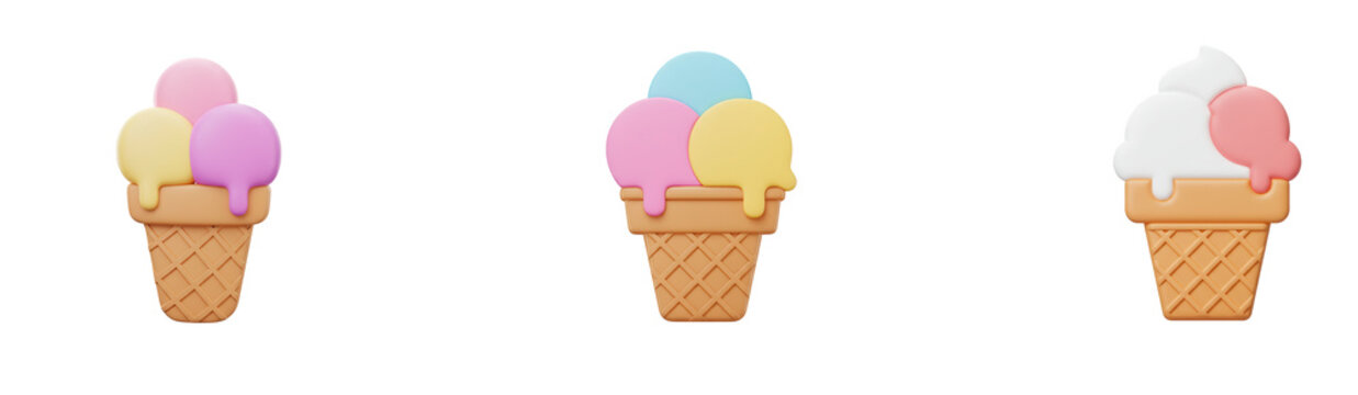 Set of three 3d ice cream cone icons isolated on transparent background