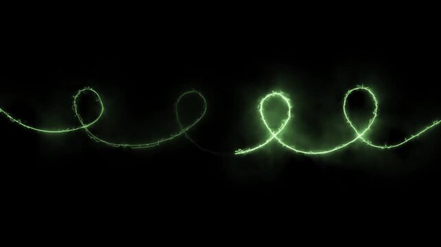 Green electric spiral featuring bright glowing plasma energy loops moving smoothly across a dark background. 4K animation.