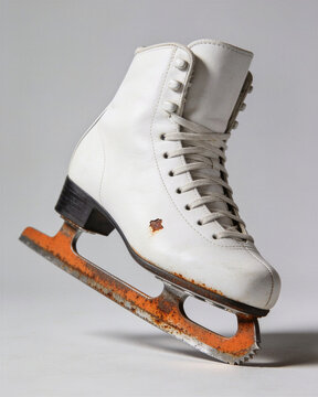 White figure ice skate with a rusty blade and torn leather boot balanced on a neutral studio background. Ice skates blade rust concept.
