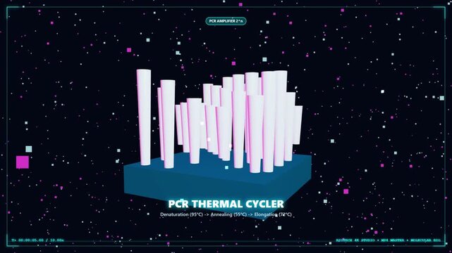 PCR thermal cycler 3D animation, laboratory DNA amplification process, scientific biotechnology data visualization on dark starry background