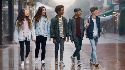 Fototapeta premium Group of five teenager walking on wet street