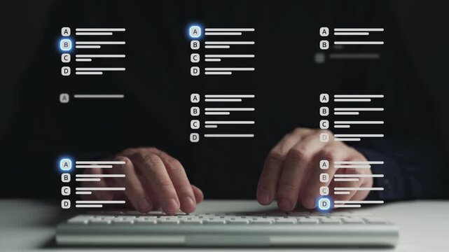 Processing online testing assessment and multiple choice questionnaire on a system interface. Concept of digital examination, survey evaluation, voting choice, and feedback collection.