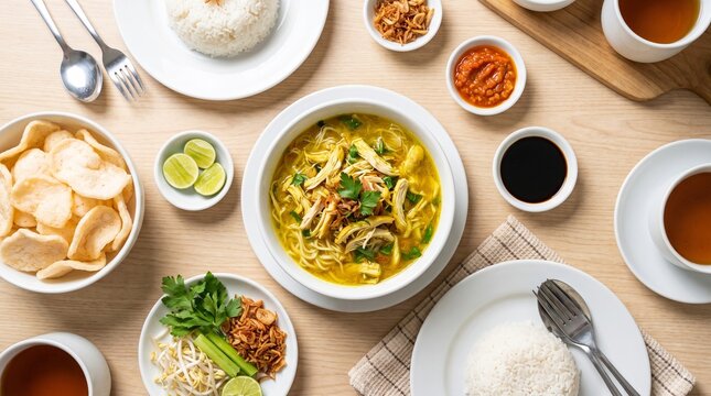 Indonesian soto ayam chicken soup with turmeric broth and noodles