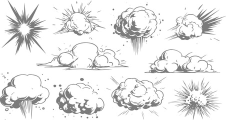 Obraz premium Comic Explosion and Cloud Icon Set, Black White Bold Outlines and Graphic Effects.