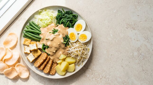 Indonesian gado-gado salad with peanut sauce tofu tempeh and egg
