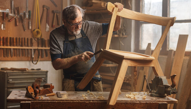 A craftsman assembling a wooden chair in a workshop.