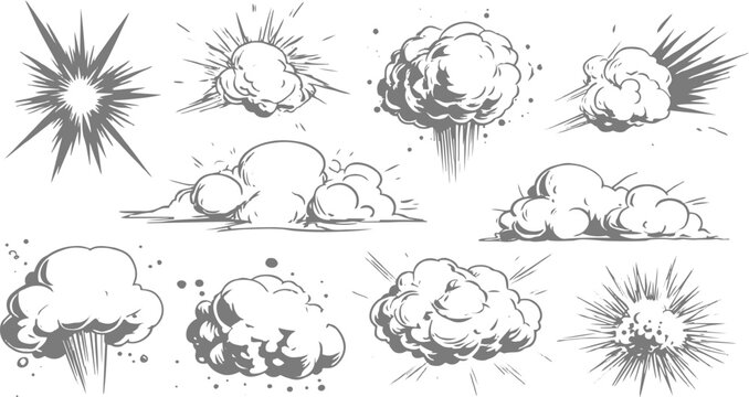 Comic Explosion and Cloud Icon Set, Black White Bold Outlines and Graphic Effects.