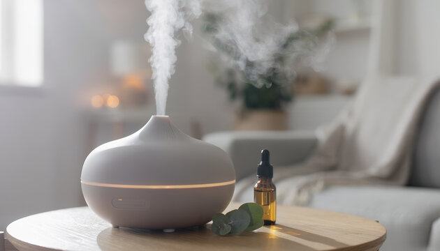A diffuser emitting mist on a wooden table in a cozy room.