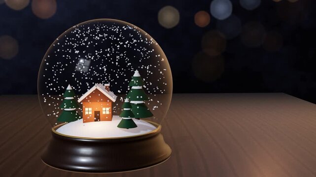 Snow globe with a tiny house and fir trees on a wooden table, snow swirling inside the glass, warm Christmas lights bokeh, copy space, seamless loop 4K