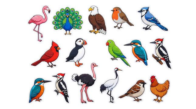Assortment of different birds including peacock and eagle for nature themed designs.