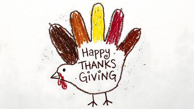 A colorful handprint turkey craft drawing made by a child for the holiday season of thanksgiving on white paper background