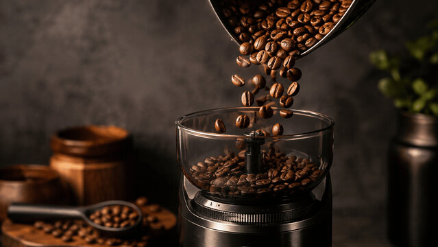 Roasted Coffee Beans Pouring into an Electric Coffee Grinder