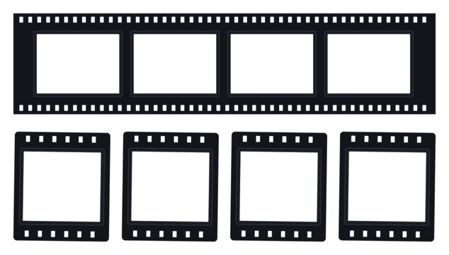 Horizontal film strip and individual photo frames isolated on transparent background