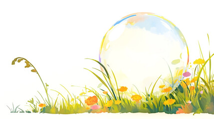 Naklejka premium Colorful illustration of a large soap bubble resting on a grassy field adorned with vibrant flowers and delicate green blades, creating a serene natural scene