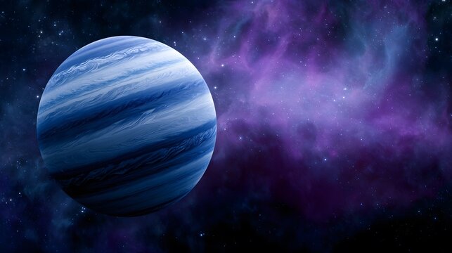 Cinematic view of a massive gas giant planet with swirling bands amidst a vibrant purple nebula