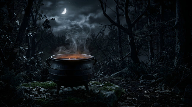 Mysterious dark cauldron boiling glowing potion in deep forest at night. Halloween witch brew concept. Stormy moonlit sky, horror atmosphere, occult ritual, witchcraft magic