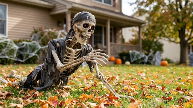 Halloween animatronic skeleton crawling on a suburban lawn with autumn leaves.