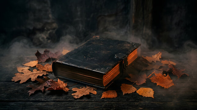 Vintage leather-bound grimoire with orange autumn leaves. Old encyclopedia encyclopedia. Antique library book magic spell. Witchcraft mysterious concept. Mysterious occult library concept. Dark