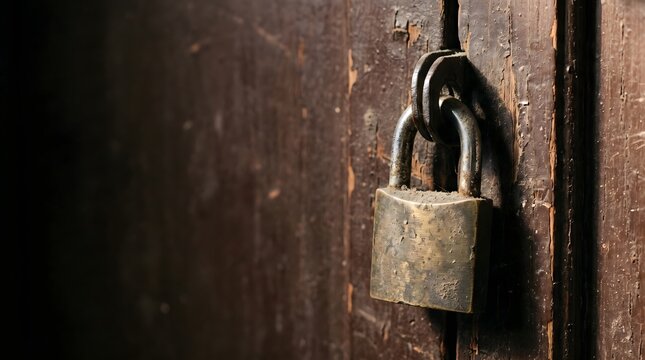 Close up of an old weathered brass padlock securing a scratched and peeling dark wooden door.