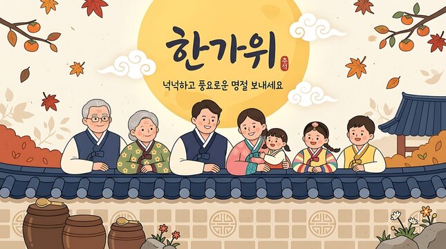 Illustration of a happy korean family wearing traditional hanbok clothing celebrating the chuseok autumn harvest festival holiday together
