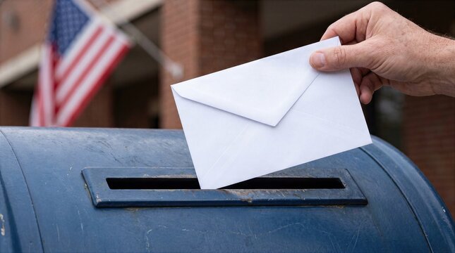 Voter placing mail ballot into drop box
