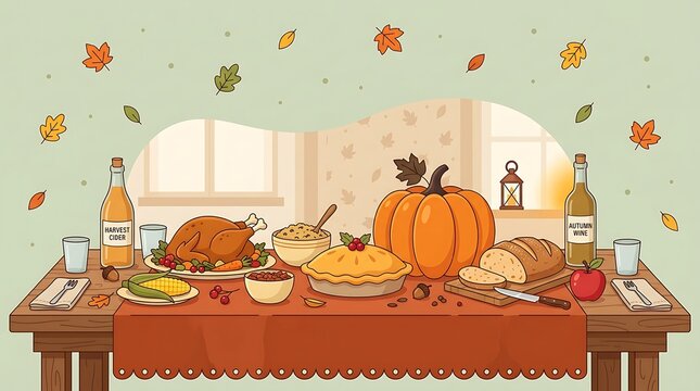 Festive thanksgiving dinner table setting with roasted turkey pumpkin pie and autumn leaves in a cozy dining room background