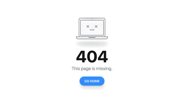 Minimalist 404 error page web design UI template featuring a sad laptop illustration, "This page is missing" text, and a blue "Go Home" button on a white background