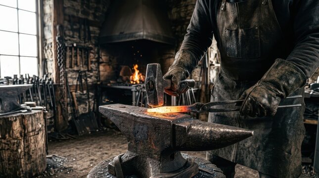 Blacksmith working in a dark forge with glowing coals