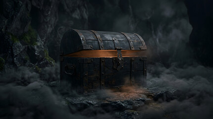 Obraz premium Antique wooden pirate chest with metal bands in dark cave with fog and mist, treasure chest in dungeon with rocky walls isolated on White Background Happy Halloween