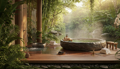 Obraz premium A tranquil outdoor hot spring bath surrounded by lush greenery.