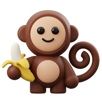 Cute brown cartoon monkey holding a peeled banana 3D icon with monkey character cute animal yellow banana