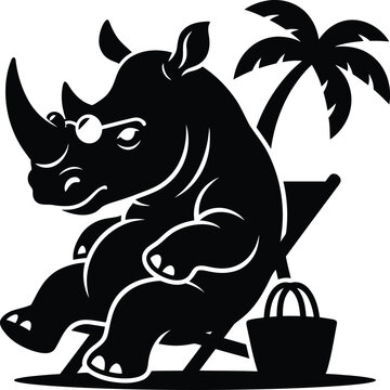 Cool rhino wearing sunglasses relaxing on a beach chair under a palm tree vector icon