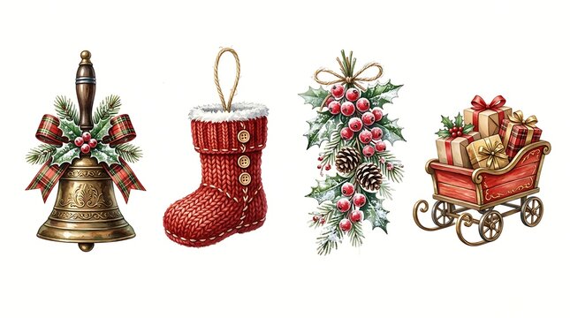 Set of christmas decorative elements including a bell, stocking, holly, and a giftfilled sleigh