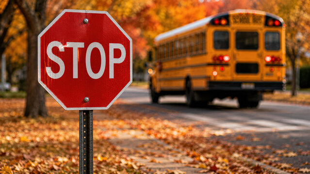 A yellow school bus drives on a leaf-covered road with autumn trees in the background, passing a weathered red stop sign.