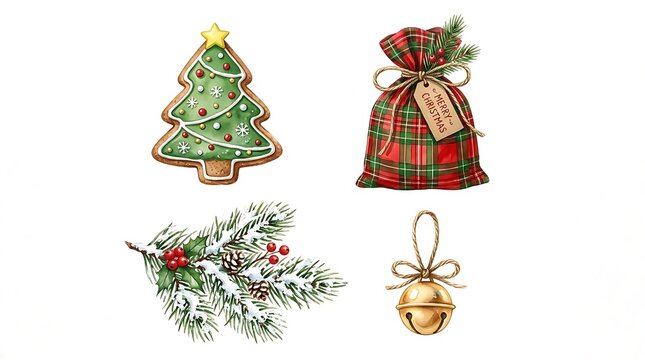 Set of christmas elements including gingerbread tree, gift bag, pine branch, and golden bell