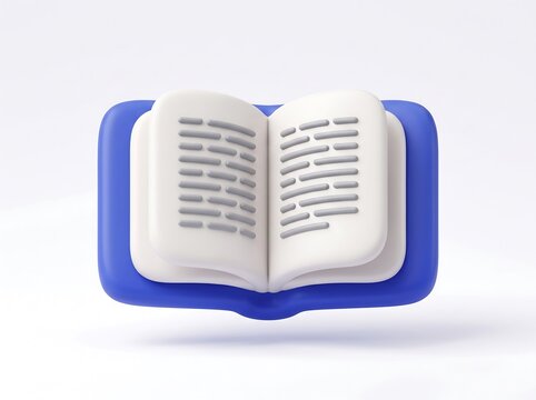 Open book 3D icon with white pages and blue cover isolated on white background education learning knowledge