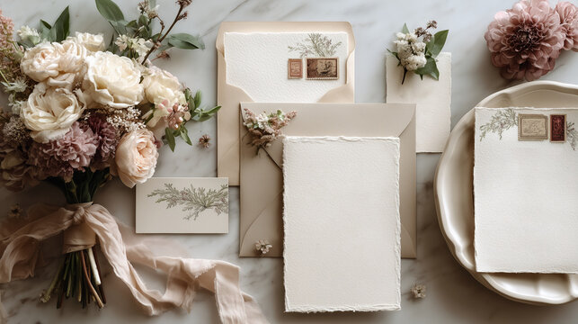Flat lay wedding invitation cards elegant set of craft envelopes, paper invitations, beige white colored ribbons, name place card, minimalist floral decoration on white flowers background. top view