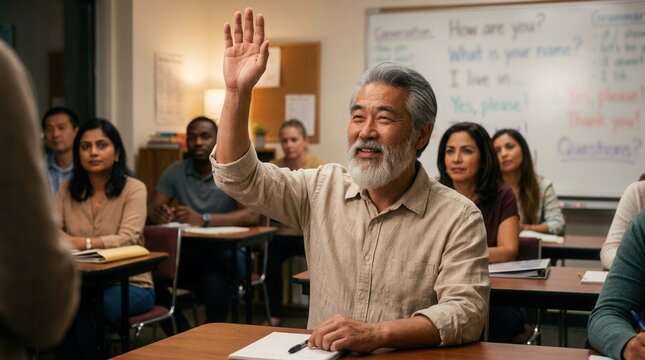 Adult immigrant student hesitantly raising hand in an ESL classroom scene while teacher waits patiently.