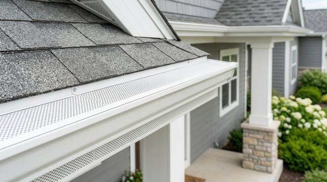 White gutter guards and soffit installed on an American home protection system