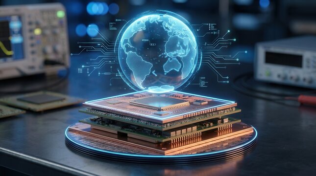 Global semiconductor supply realignment featuring stacked silicon wafers and a glowing globe with circuit traces.