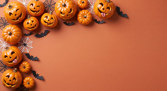 Jack o lantern pumpkins with paper bats and spiderwebs on a rustic orange background space.
