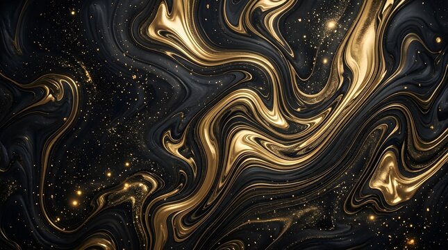 Luxury abstract background with swirling black and gold liquid marble texture and sparkling glitter particles