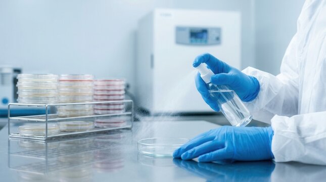 Closeup of a technician applying sanitizer in a microbiology lab cleanroom focusing on hygiene protocols, petri dishes, and temperature-controlled incubators.