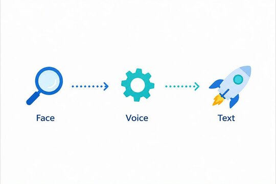 Modern flat design icons showing face recognition to voice processing to text conversion