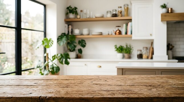 Rustic wooden table top with a blurred modern kitchen interior background