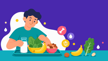 Naklejka premium Young man smiles while holding milk and fresh produce. He sits at a vibrant table with colorful fruits and vegetables. Bananas, leafy greens, nuts, and a bone icon float nearby