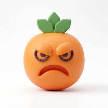 Angry orange fruit character with green leaves 3D cartoon style mad mascot furious expression orange face