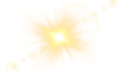 Light sun lens flare with warm orange and yellow glowing burst, rays and sparkles, circular bokeh highlights, and soft glow effects isolated on transparent background. © Felicety