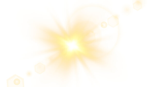 Light sun lens flare with warm orange and yellow glowing burst, rays and sparkles, circular bokeh highlights, and soft glow effects isolated on transparent background.