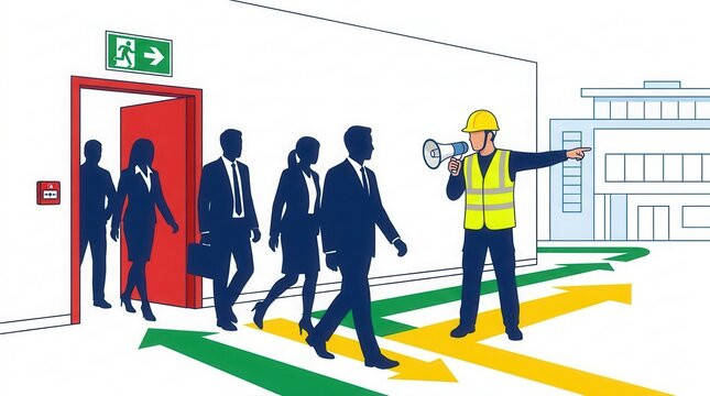 Fire warden giving directions to a group of people exiting a building during a fire drill for fire safety equipment and procedures.